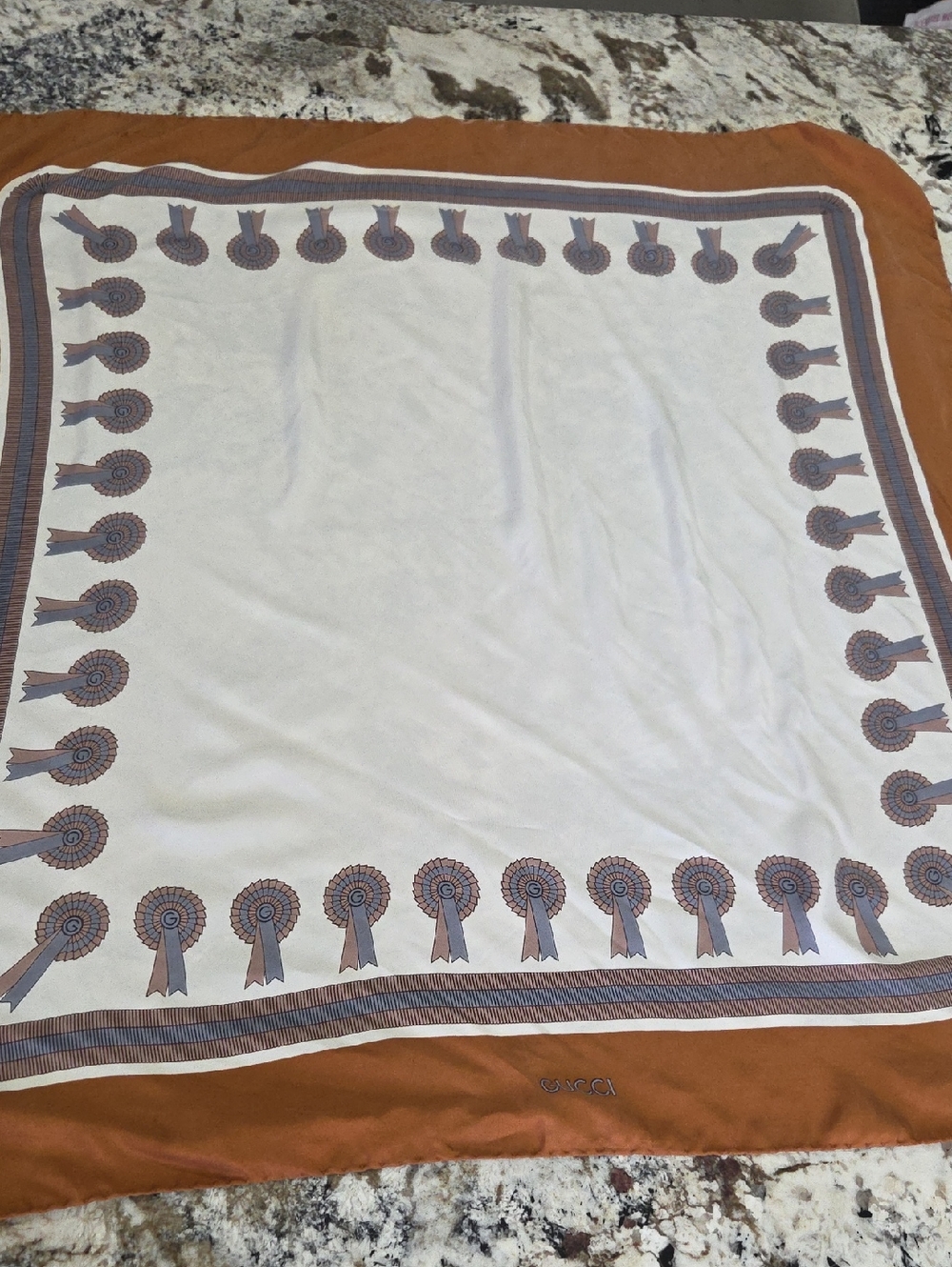 Gucci Vintage Cream, Rust & Dusty Blue Silk Scarf with Ribbon Rosette Motif